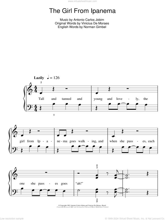 The Girl From Ipanema (Garota De Ipanema) sheet music for piano solo by Antonio Carlos Jobim, Norman Gimbel and Vinicius de Moraes, easy skill level