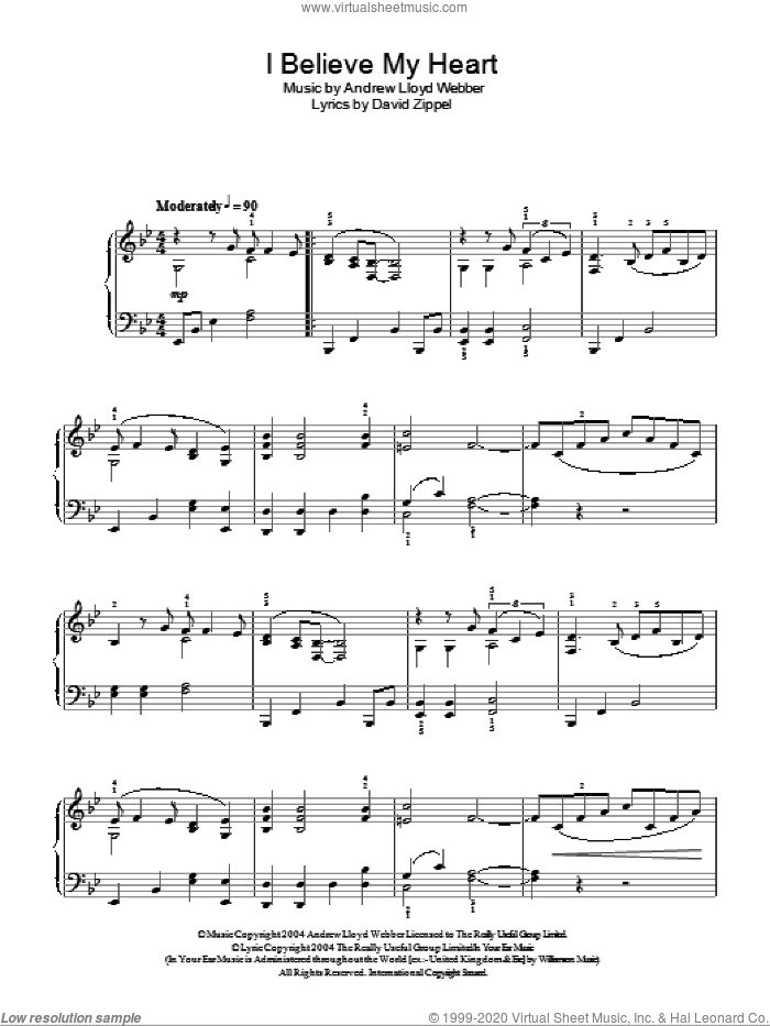 I Believe My Heart (from The Woman In White) sheet music for piano solo by Andrew Lloyd Webber, The Woman In White (Musical) and David Zippel, easy skill level