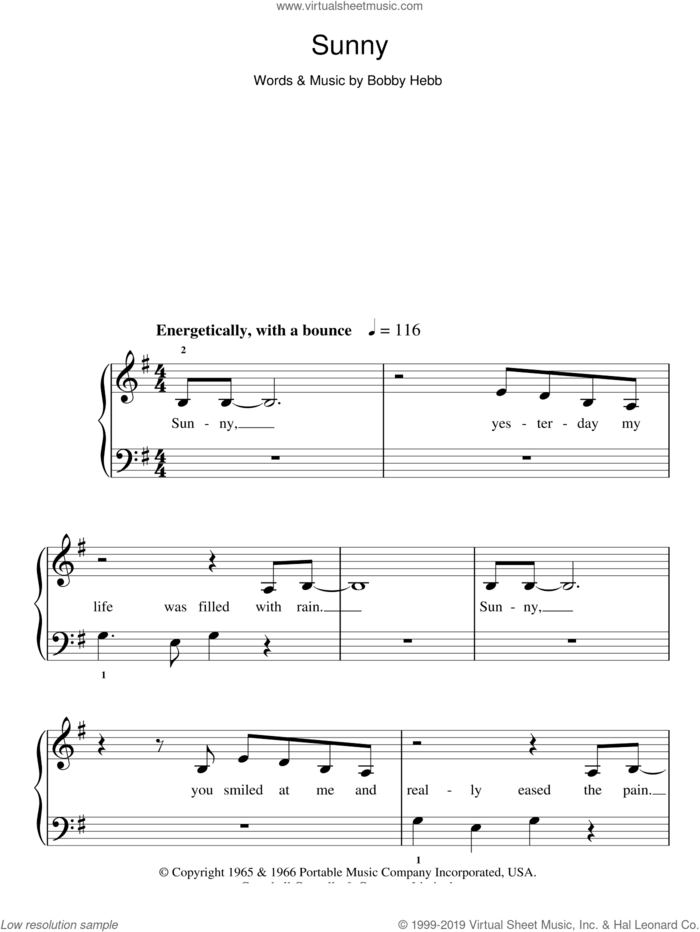 Sunny sheet music for piano solo by Bobby Hebb, easy skill level