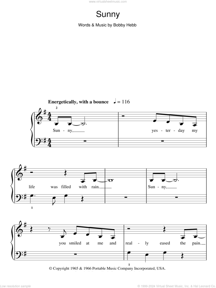 Sunny, (easy) sheet music for piano solo by Bobby Hebb, easy skill level