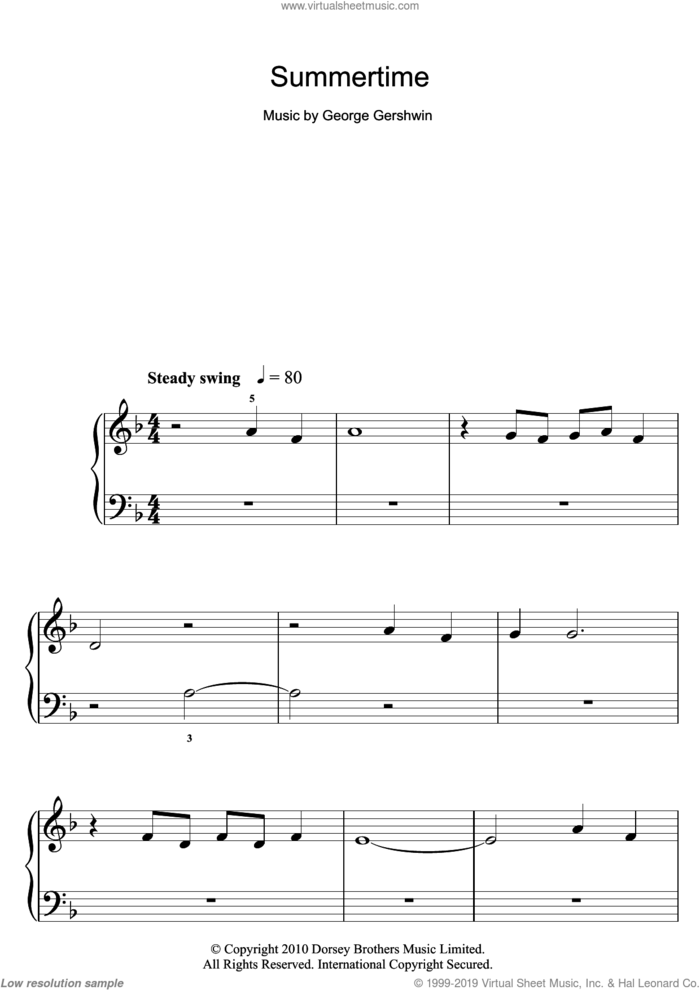 Summertime sheet music for piano solo by George Gershwin, easy skill level
