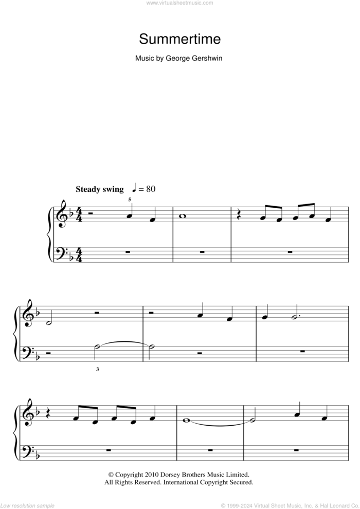 Summertime sheet music for piano solo by George Gershwin, easy skill level