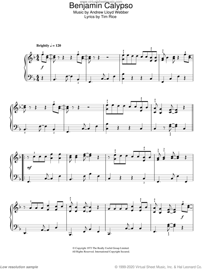 Benjamin Calypso sheet music for piano solo by Andrew Lloyd Webber, Joseph And The Amazing Technicolor Dreamcoat (Musical) and Tim Rice, easy skill level