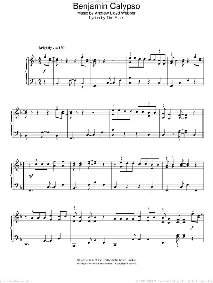 Benjamin Calypso sheet music for piano solo by Andrew Lloyd Webber, Joseph And The Amazing Technicolor Dreamcoat (Musical) and Tim Rice, easy skill level