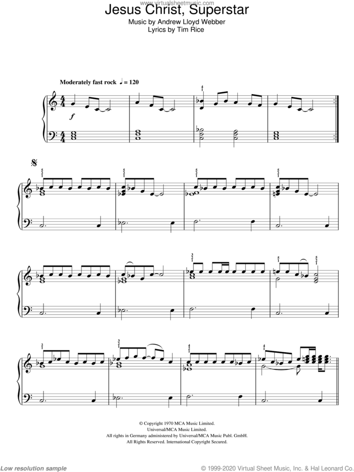 Jesus Christ, Superstar sheet music for piano solo by Andrew Lloyd Webber, Jesus Christ Superstar (Musical) and Tim Rice, easy skill level