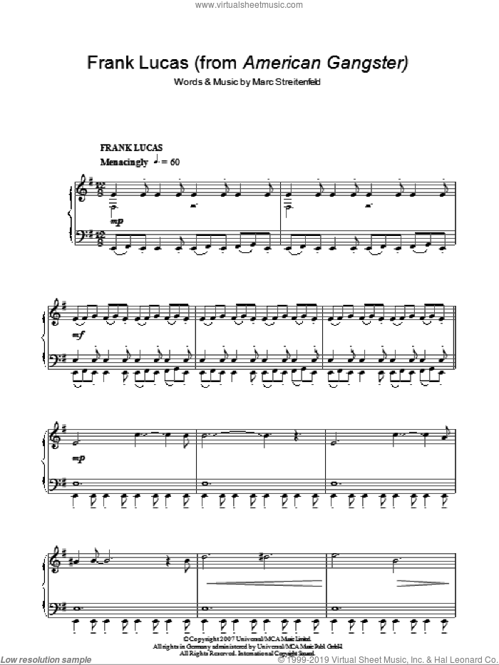 Frank Lucas sheet music for piano solo by Marc Streitenfeld, intermediate skill level