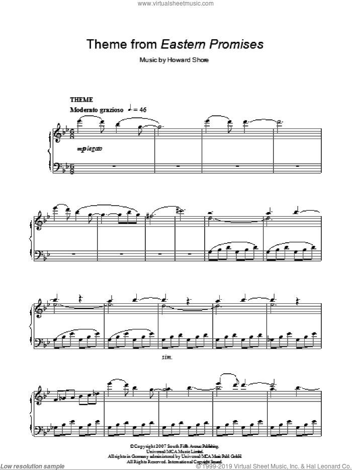 Theme from Eastern Promises sheet music for piano solo by Howard Shore, intermediate skill level