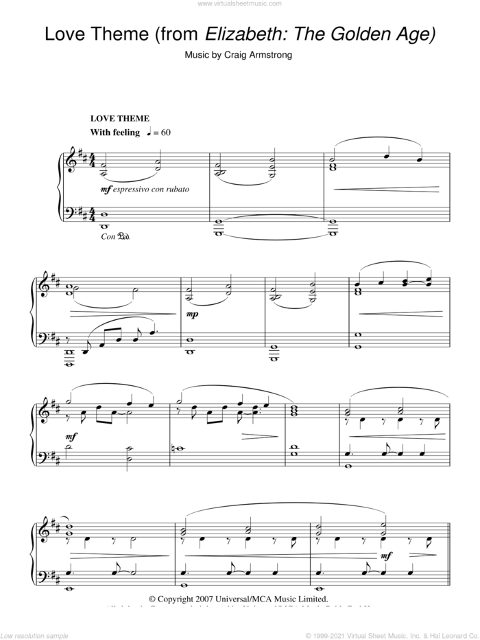 Love Theme sheet music for piano solo by Craig Armstrong, intermediate skill level