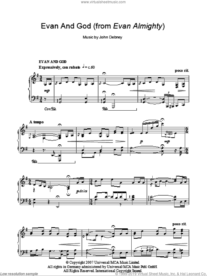 Evan And God sheet music for piano solo by John Debney, intermediate skill level