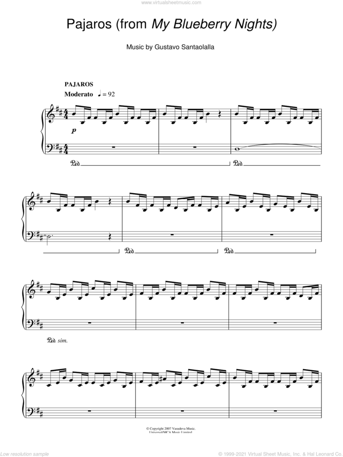 Pajaros sheet music for piano solo by Gustavo Santaolalla, intermediate skill level