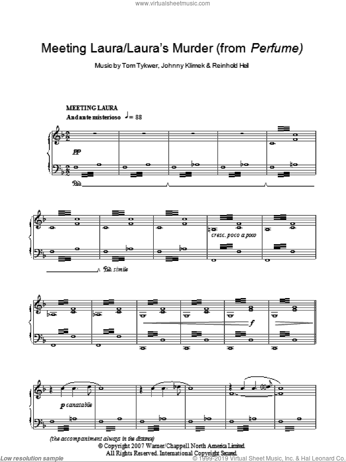 Meeting Laura / Laura's Murder sheet music for piano solo by Tom Tykwer, Johnny Klimek and Reinhold Heil, intermediate skill level
