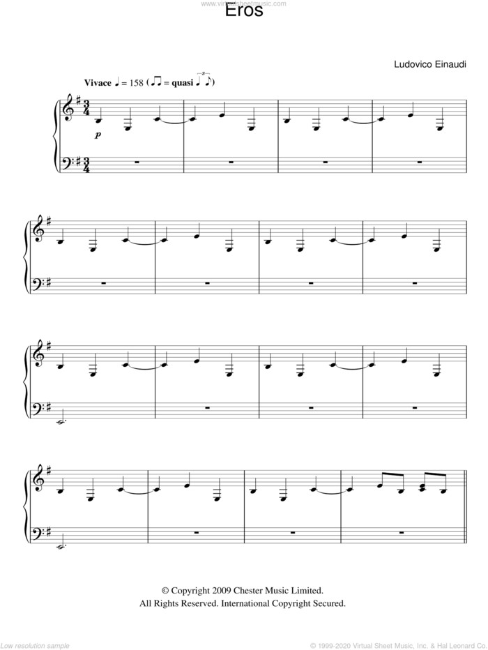 Eros sheet music for piano solo by Ludovico Einaudi, classical score, intermediate skill level