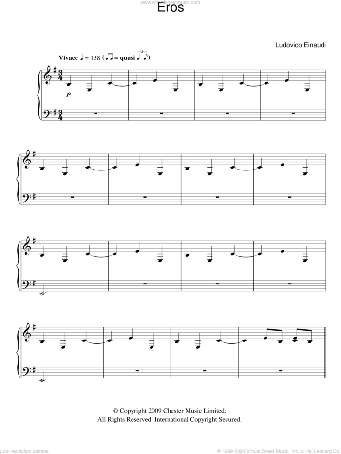 Eros sheet music for piano solo by Ludovico Einaudi, classical score, intermediate skill level