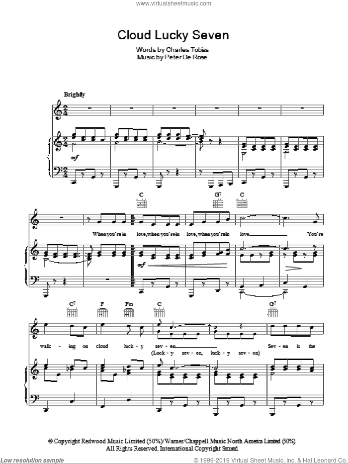 Cloud Lucky Seven sheet music for voice, piano or guitar by Guy Mitchell, Charles Tobias and Peter DeRose, intermediate skill level