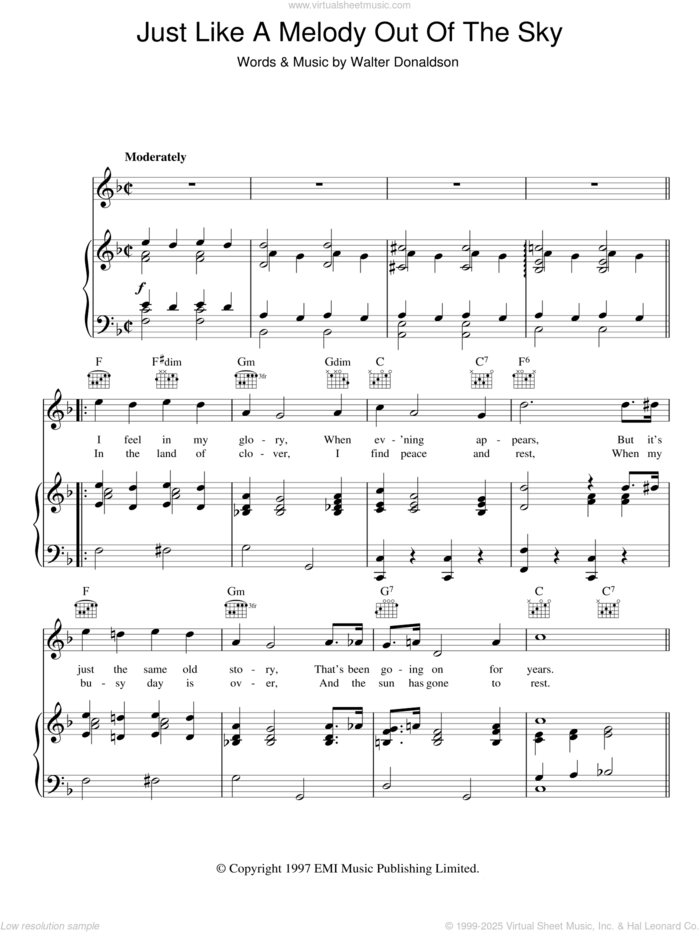 Just Like A Melody Out Of The Sky sheet music for voice, piano or guitar by Jay Wilbur and Walter Donaldson, intermediate skill level