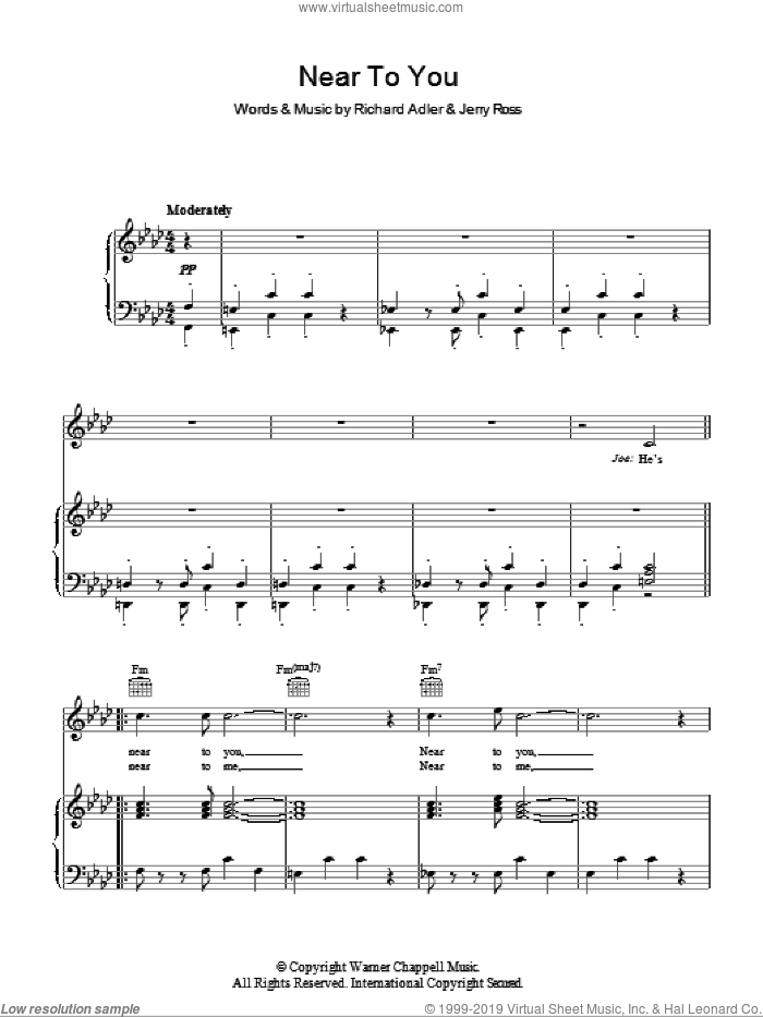 Near To You sheet music for voice, piano or guitar by Richard Adler and Jerry Ross, intermediate skill level