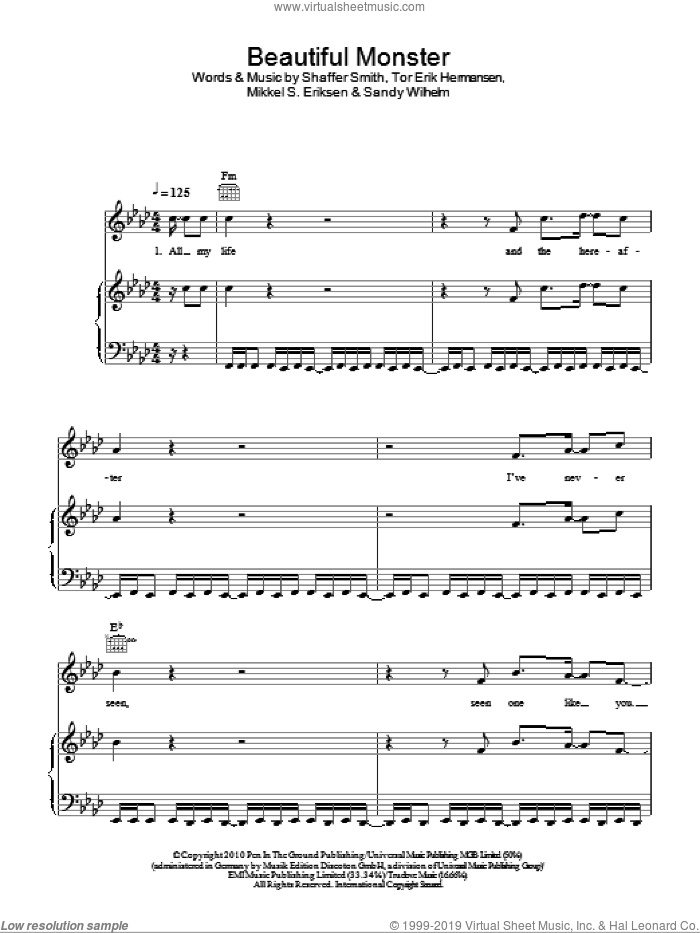 Beautiful Monster sheet music for voice, piano or guitar by Ne-Yo, Mikkel S. Eriksen, Sandy Wilhelm, Shaffer Smith and Tor Erik Hermansen, intermediate skill level