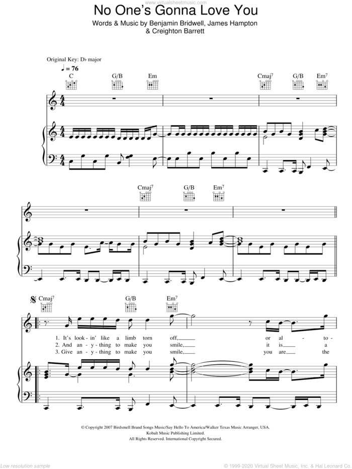 No One's Gonna Love You sheet music for voice, piano or guitar by Band Of Horses, Cee Lo Green, Rene Fleming, Benjamin Bridwell, Creighton Barrett and James Hampton, intermediate skill level