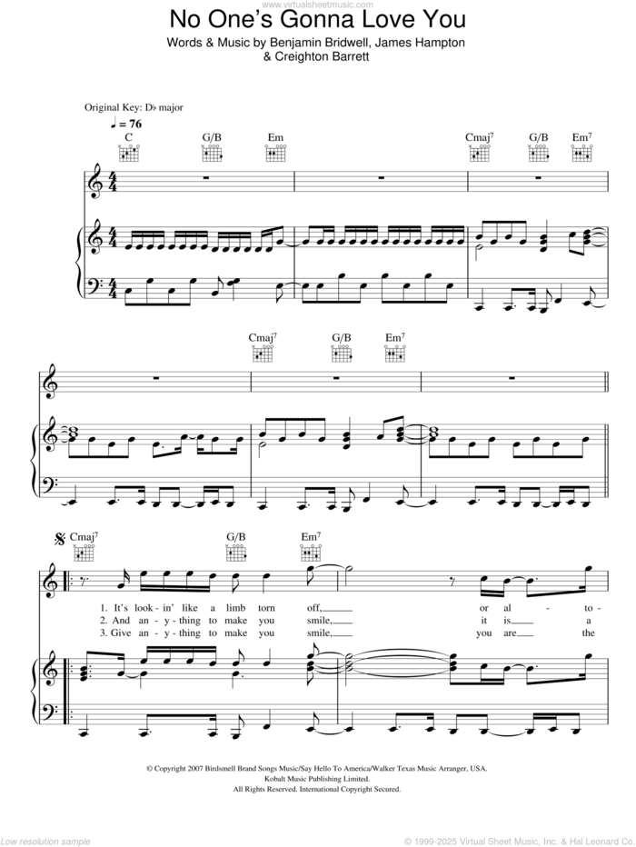 No One's Gonna Love You sheet music for voice, piano or guitar by Band Of Horses, Cee Lo Green, Rene Fleming, Benjamin Bridwell, Creighton Barrett and James Hampton, intermediate skill level