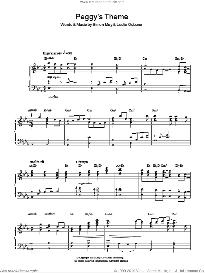 Peggy's Theme sheet music for piano solo by Simon May and Leslie Osborne, intermediate skill level