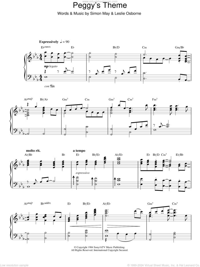 Peggy's Theme sheet music for piano solo by Simon May and Leslie Osborne, intermediate skill level