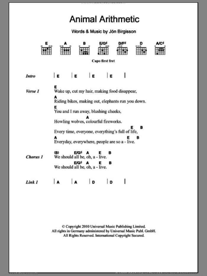 Animal Arithmetic sheet music for guitar (chords) by Jonsi and Jon Birgisson, intermediate skill level