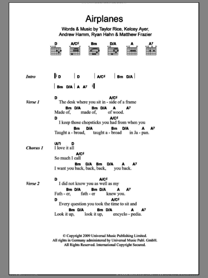 Airplanes sheet music for guitar (chords) by Local Natives, Andrew Hamm, Kelcey Ayer, Matthew Frazier, Ryan Hahn and Taylor Rice, intermediate skill level
