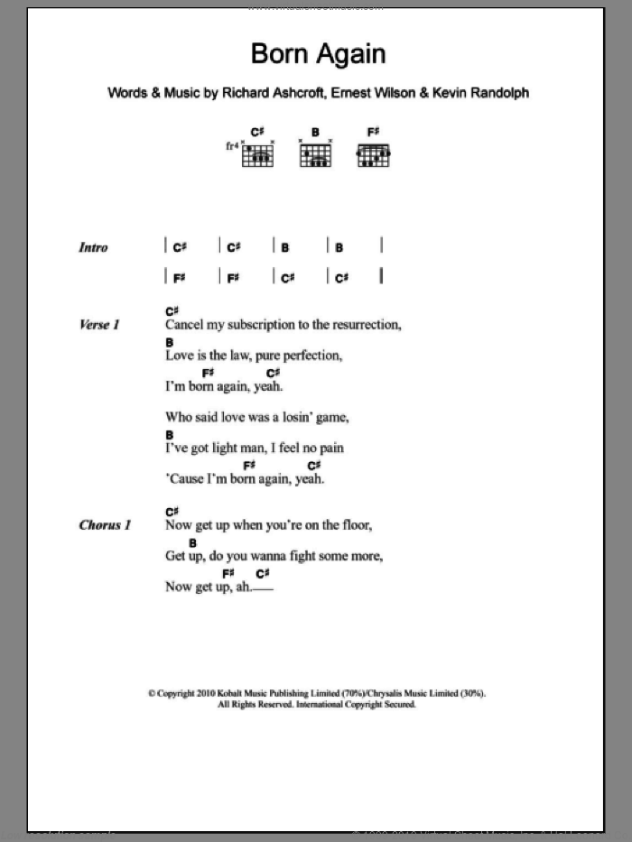 Born Again sheet music for guitar (chords) by RPA & The United Nations Of Sound, Ernest Wilson, Kevin Randolph and Richard Ashcroft, intermediate skill level