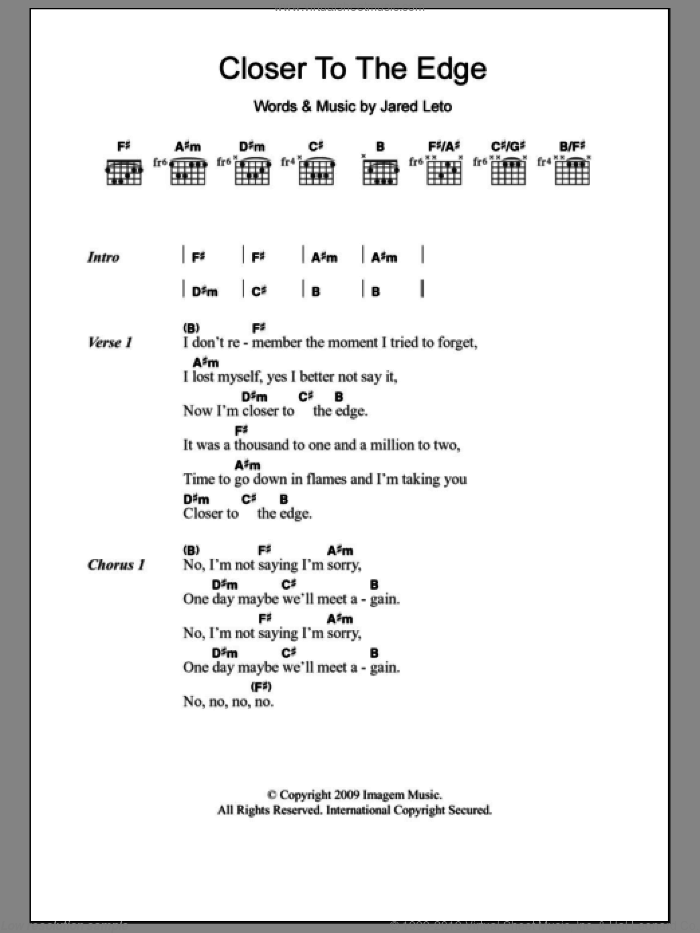 Closer To The Edge sheet music for guitar (chords) by Thirty Seconds To Mars and Jared Leto, intermediate skill level