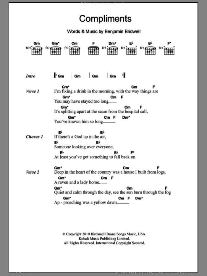 Compliments sheet music for guitar (chords) by Band Of Horses and Benjamin Bridwell, intermediate skill level