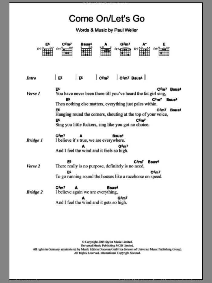 Come On / Let's Go sheet music for guitar (chords) by Paul Weller, intermediate skill level