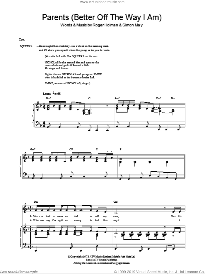 Parents (Better Off The Way I Am) sheet music for voice, piano or guitar by Simon May and Roger Holman, intermediate skill level