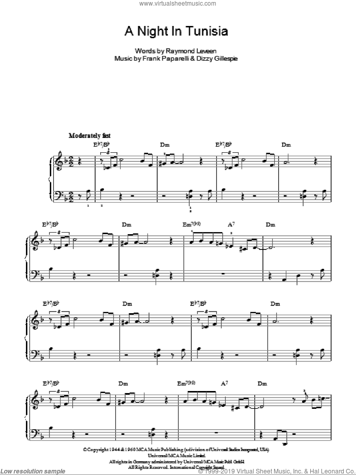 A Night In Tunisia, (easy) sheet music for piano solo by Dizzy Gillespie, Frank Paparelli and Raymond Leveen, easy skill level