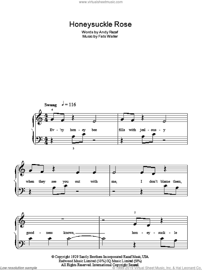 Honeysuckle Rose, (easy) sheet music for piano solo by Andy Razaf and Thomas Waller, easy skill level