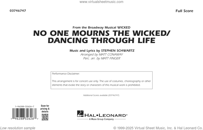 No One Mourns The Wicked / Dancing Through Life (arr. Matt Conaway) (COMPLETE) sheet music for marching band by Stephen Schwartz, Matt Conaway and Matt Finger, intermediate skill level