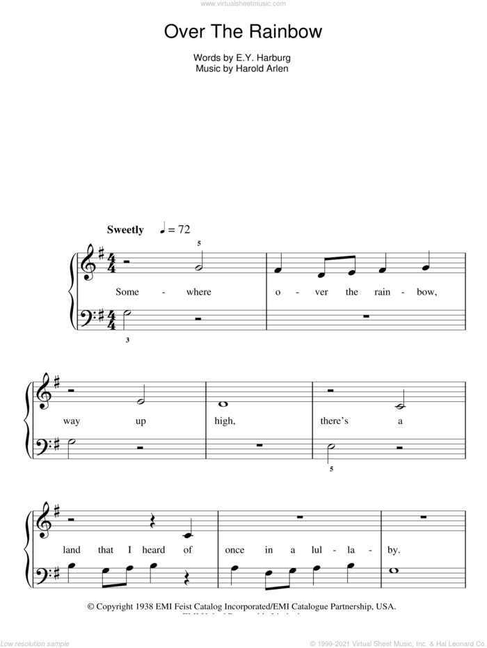 Over The Rainbow, (easy) sheet music for piano solo by Eva Cassidy, E.Y. Harburg and Harold Arlen, easy skill level