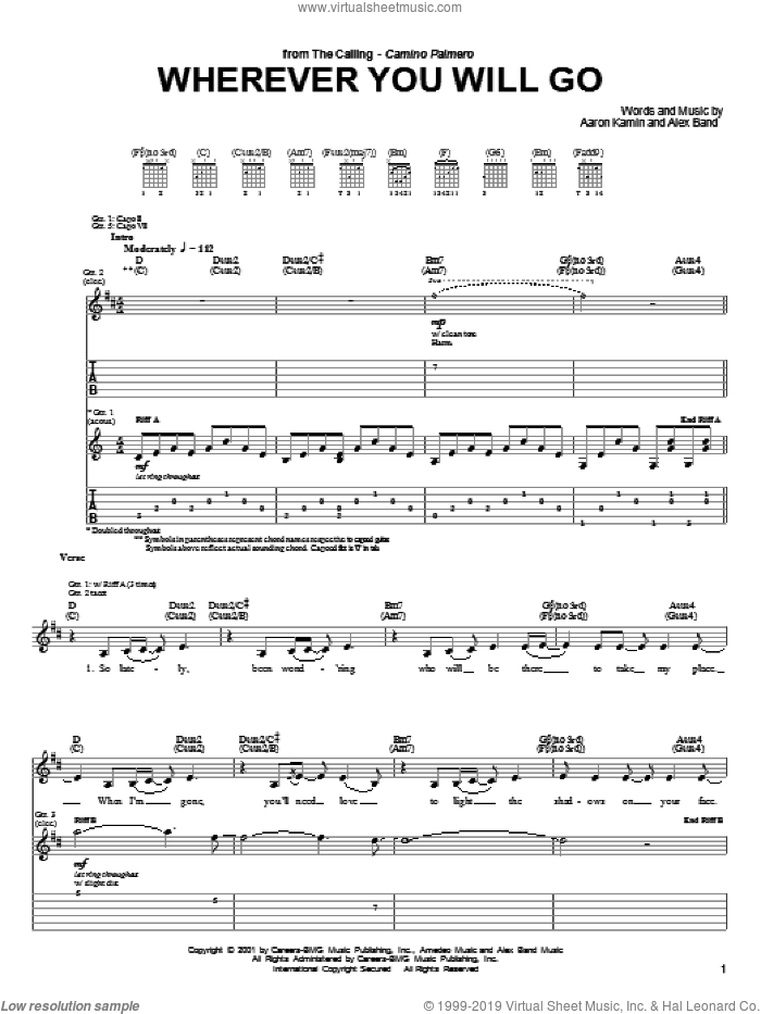 Wherever You Will Go sheet music for guitar (tablature) by The Calling, Aaron Kamin and Alex Band, intermediate skill level