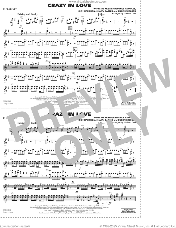Crazy in Love (arr. Ishbah Cox) sheet music for marching band (Bb clarinet) by Beyonce, Ishbah Cox, Eugene Record, Rich Harrison and Shawn Carter, intermediate skill level