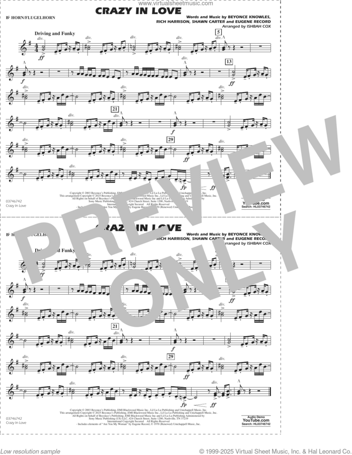 Crazy in Love (arr. Ishbah Cox) sheet music for marching band (Bb horn/flugelhorn) by Beyonce, Ishbah Cox, Eugene Record, Rich Harrison and Shawn Carter, intermediate skill level