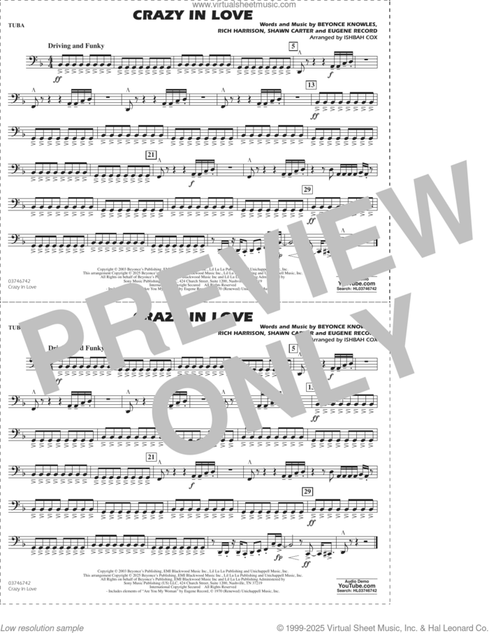 Crazy in Love (arr. Ishbah Cox) sheet music for marching band (tuba) by Beyonce, Ishbah Cox, Eugene Record, Rich Harrison and Shawn Carter, intermediate skill level