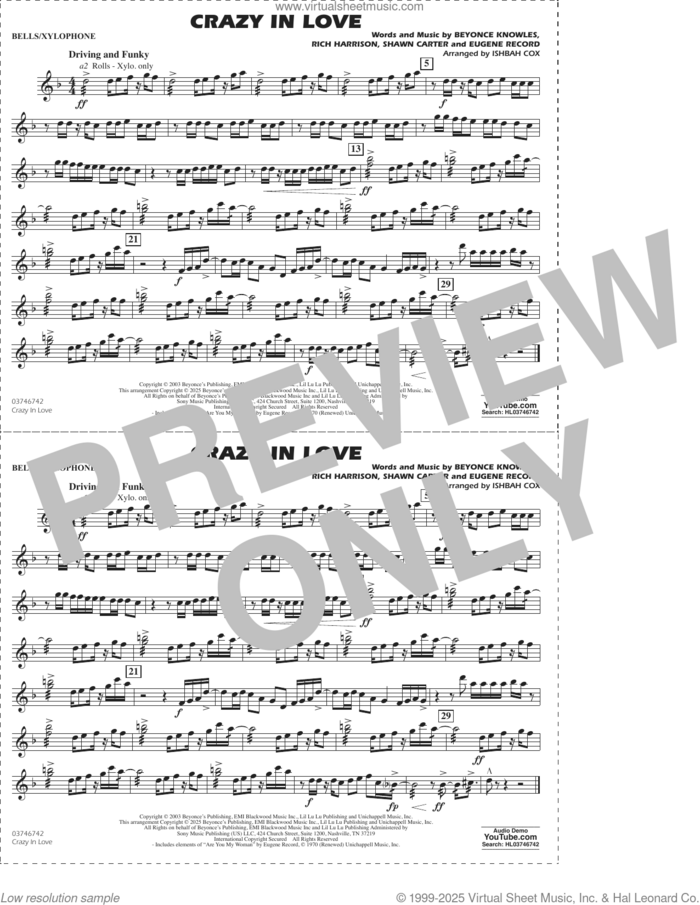 Crazy in Love (arr. Ishbah Cox) sheet music for marching band (bells/xylophone) by Beyonce, Ishbah Cox, Eugene Record, Rich Harrison and Shawn Carter, intermediate skill level