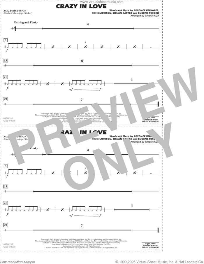 Crazy in Love (arr. Ishbah Cox) sheet music for marching band (aux percussion) by Beyonce, Ishbah Cox, Eugene Record, Rich Harrison and Shawn Carter, intermediate skill level