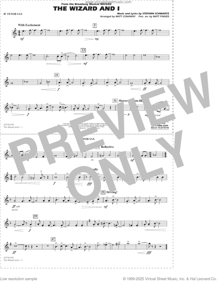 The Wizard and I (from Wicked) (arr. Matt Conaway and Matt Finger) sheet music for marching band (Bb tenor sax) by Stephen Schwartz, Matt Conaway and Matt Finger, intermediate skill level
