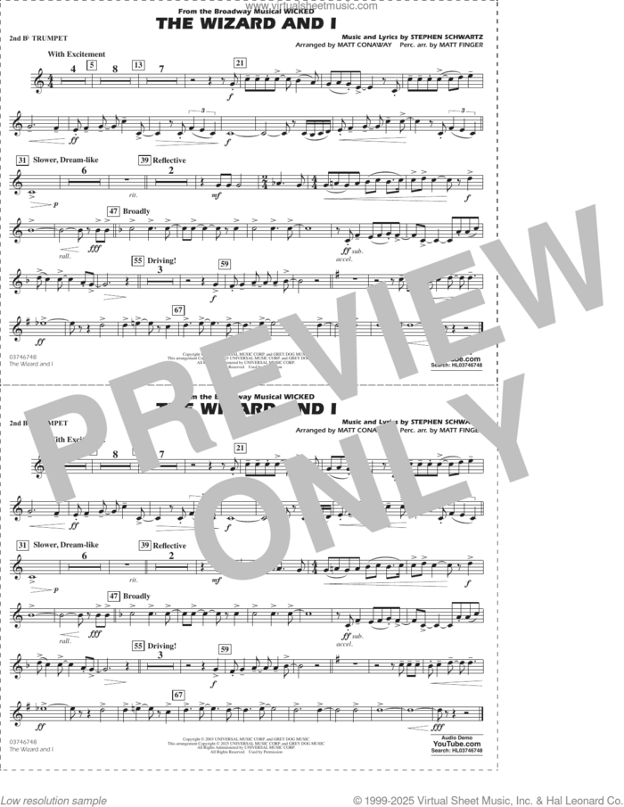 The Wizard and I (from Wicked) (arr. Matt Conaway and Matt Finger) sheet music for marching band (2nd Bb trumpet) by Stephen Schwartz, Matt Conaway and Matt Finger, intermediate skill level