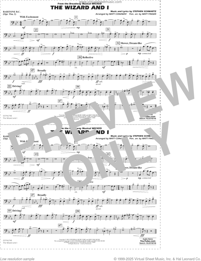 The Wizard and I (from Wicked) (arr. Matt Conaway and Matt Finger) sheet music for marching band (baritone b.c., opt. tbn. 2) by Stephen Schwartz, Matt Conaway and Matt Finger, intermediate skill level