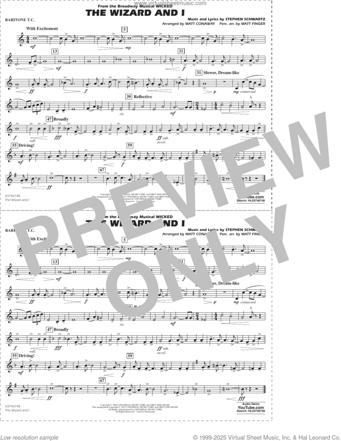 The Wizard and I (from Wicked) (arr. Matt Conaway and Matt Finger) sheet music for marching band (baritone t.c.) by Stephen Schwartz, Matt Conaway and Matt Finger, intermediate skill level
