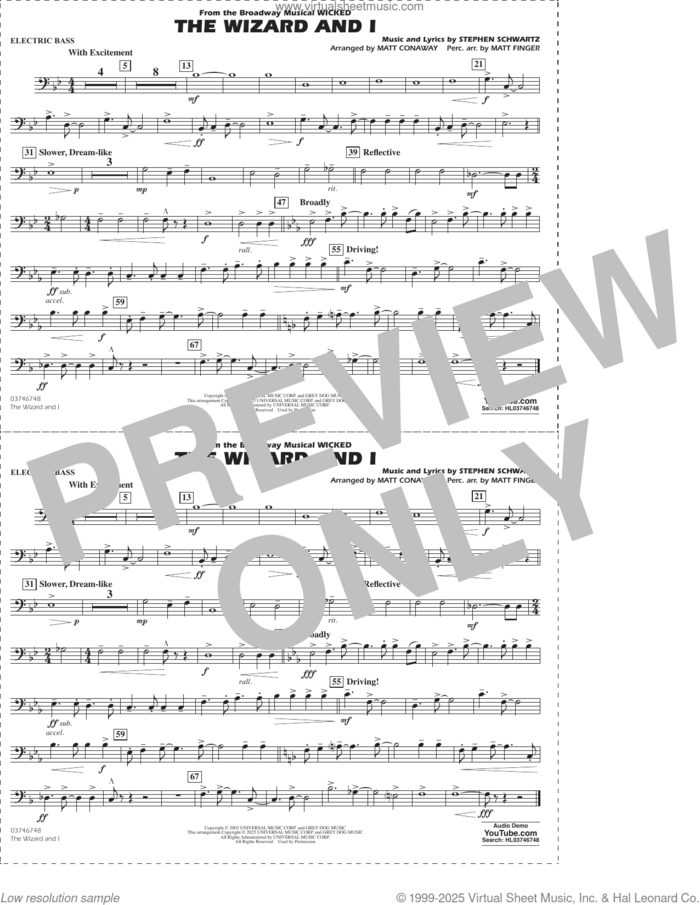 The Wizard and I (from Wicked) (arr. Matt Conaway and Matt Finger) sheet music for marching band (electric bass) by Stephen Schwartz, Matt Conaway and Matt Finger, intermediate skill level