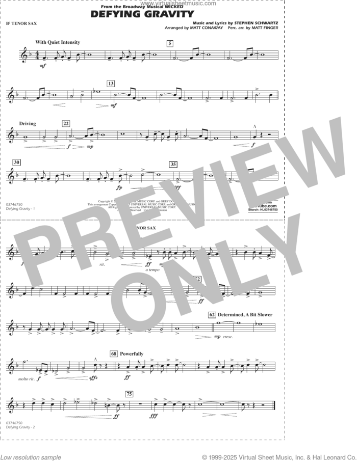 Defying Gravity (from Wicked) (arr. Matt Conaway and Matt Finger) sheet music for marching band (Bb tenor sax) by Stephen Schwartz, Matt Conaway and Matt Finger, intermediate skill level