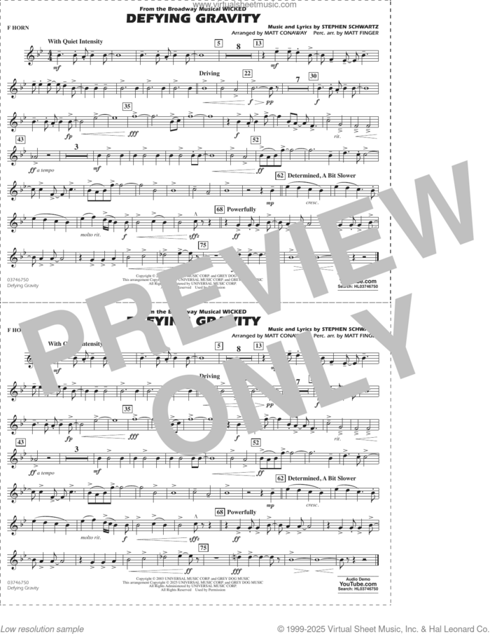 Defying Gravity (from Wicked) (arr. Matt Conaway and Matt Finger) sheet music for marching band (f horn) by Stephen Schwartz, Matt Conaway and Matt Finger, intermediate skill level