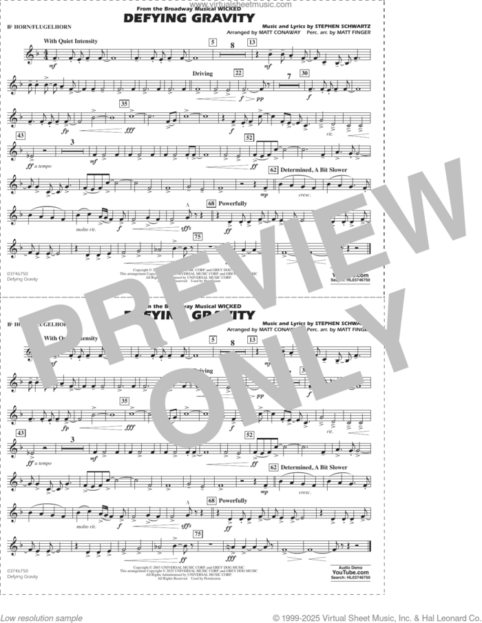 Defying Gravity (from Wicked) (arr. Matt Conaway and Matt Finger) sheet music for marching band (Bb horn/flugelhorn) by Stephen Schwartz, Matt Conaway and Matt Finger, intermediate skill level